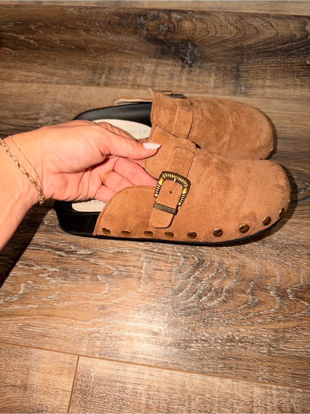 Women's Suede Mule with Decorative Buckle - Tan